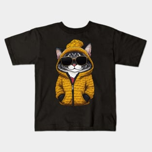 Cool Cartoon Cat in Jacket, Cap, and Sunglasses 2 Kids T-Shirt